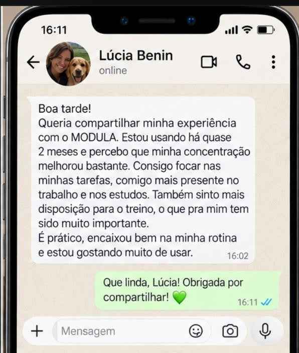 Print real de Lúcia Benin relatando concentração e disposição