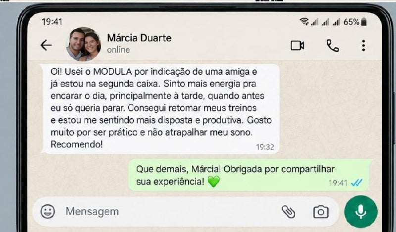 Print real de Márcia Duarte relatando energia, treino e produtividade