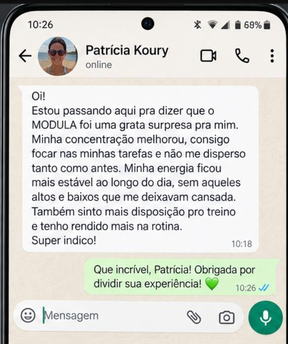 Print real de Patrícia Koury relatando concentração, energia estável e disposição