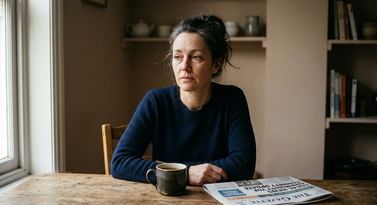 Mulher de 45 anos sentada à mesa no fim da tarde