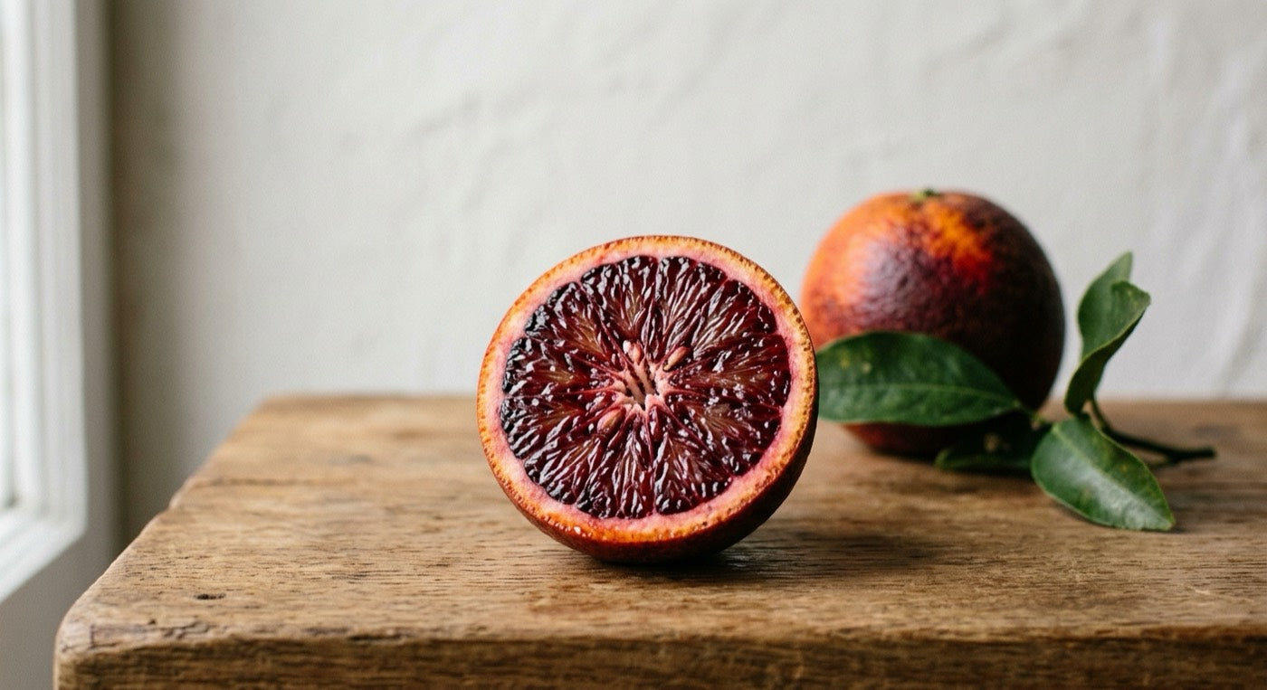 Laranja Moro cortada, polpa vermelha