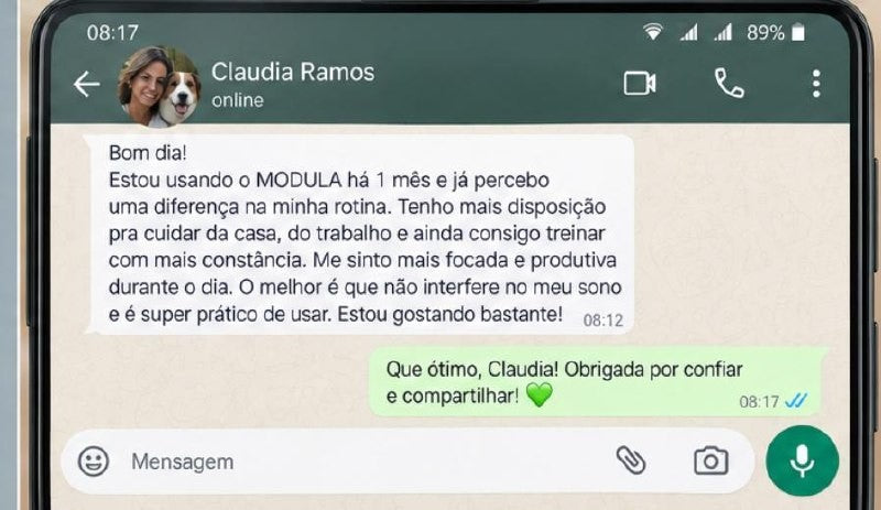 Print real de Claudia Ramos relatando disposição, foco e praticidade com MODULA