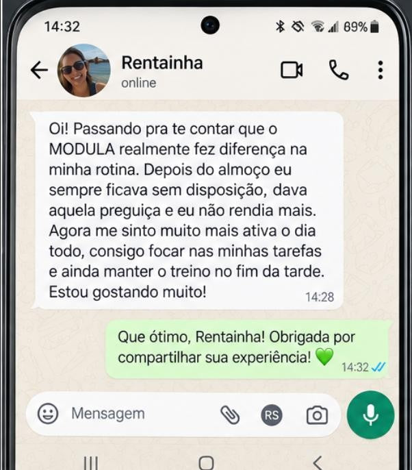 Print real de Rentainha relatando disposição, foco e treino no fim da tarde